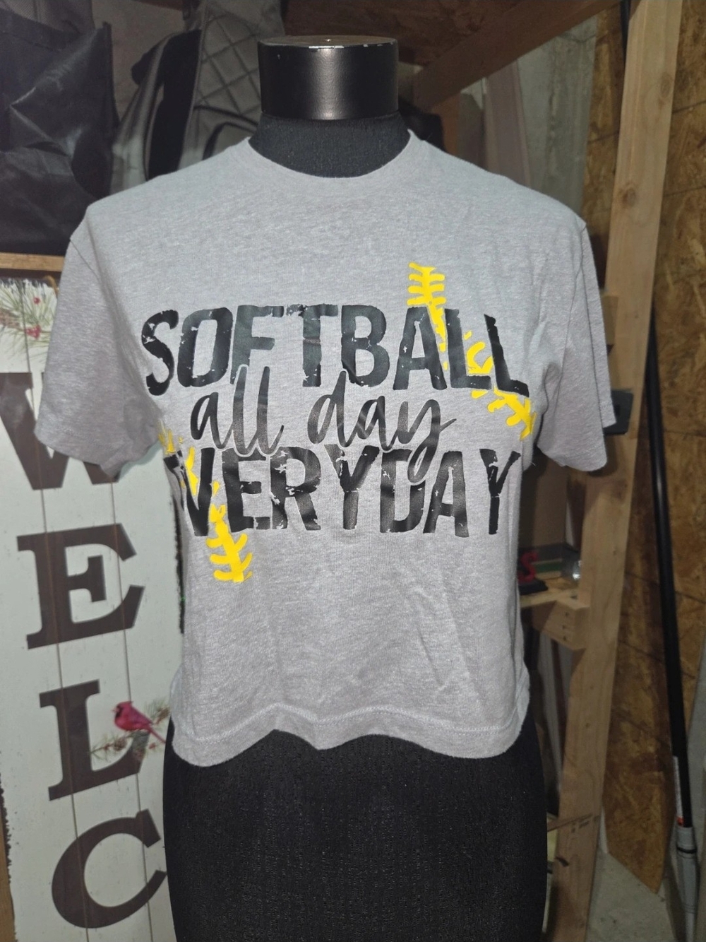 - Next Level Apparel Gray Softball Graphic Crop Top with Yellow Accents